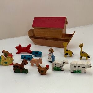 Vintage Wooden Painted Noah’s Ark with person and animals